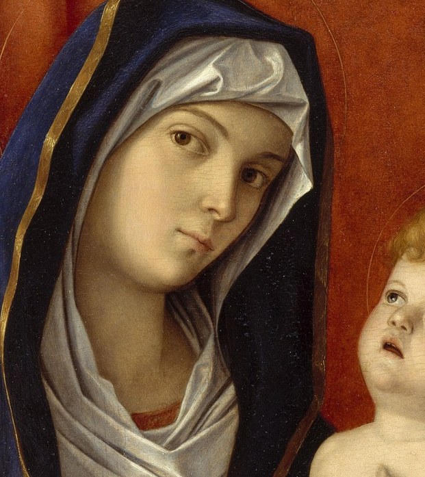 The Child looks slightly to the side rather than at the viewer, a subtle asymmetry that gives the composition psychological tension between mother and son