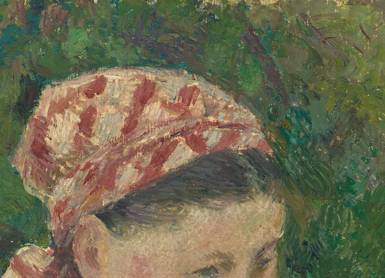 The most vivid color accent in the painting , the floral-printed cloth anchors her peasant identity and pulls every eye first; its warm red pops sharply against the cool green foliage behind.