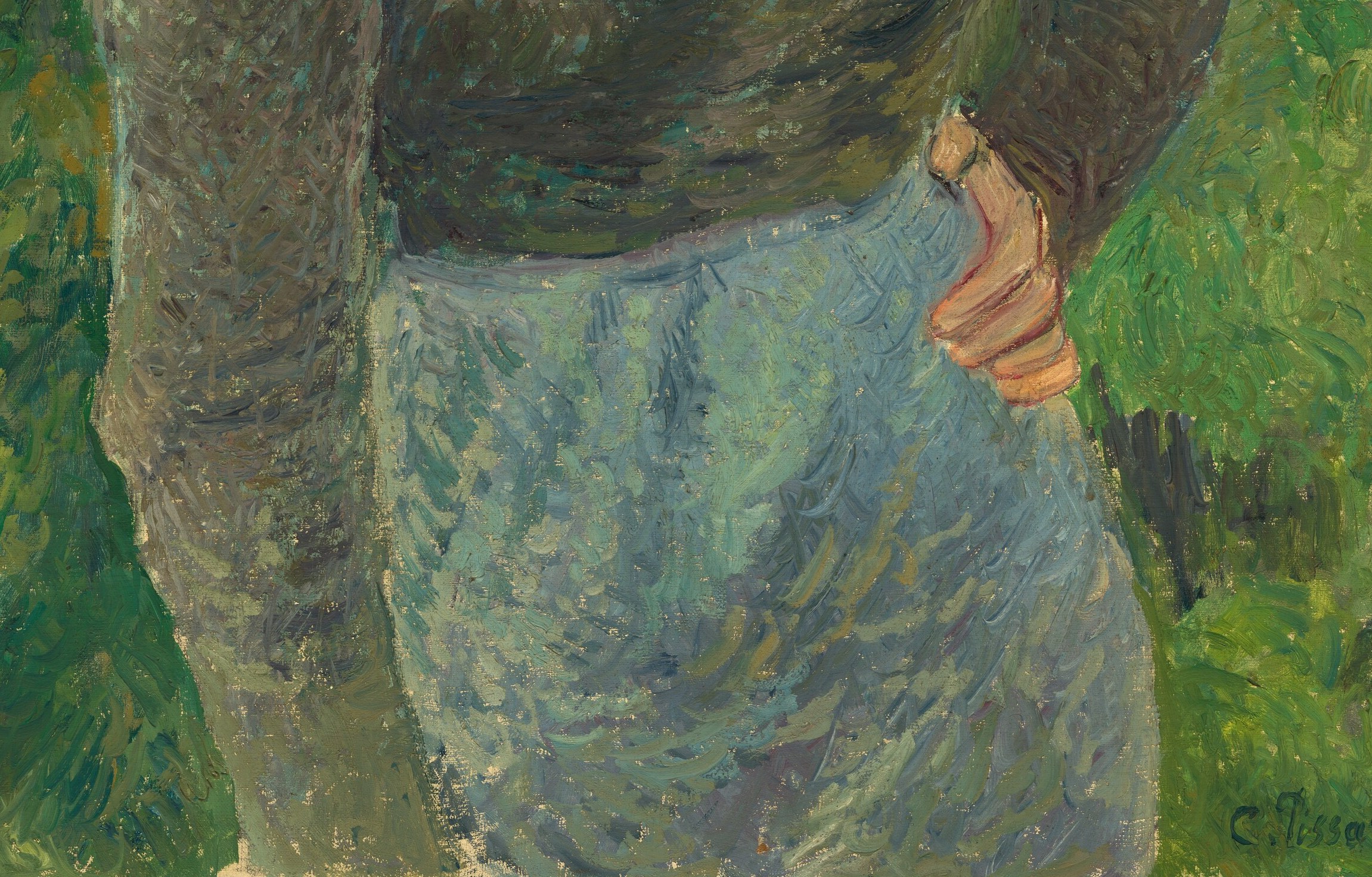 The skirt's cool muted tone contrasts with the warm headscarf, balancing the composition vertically; its unpainted plainness underscores the subject's working-class life.
