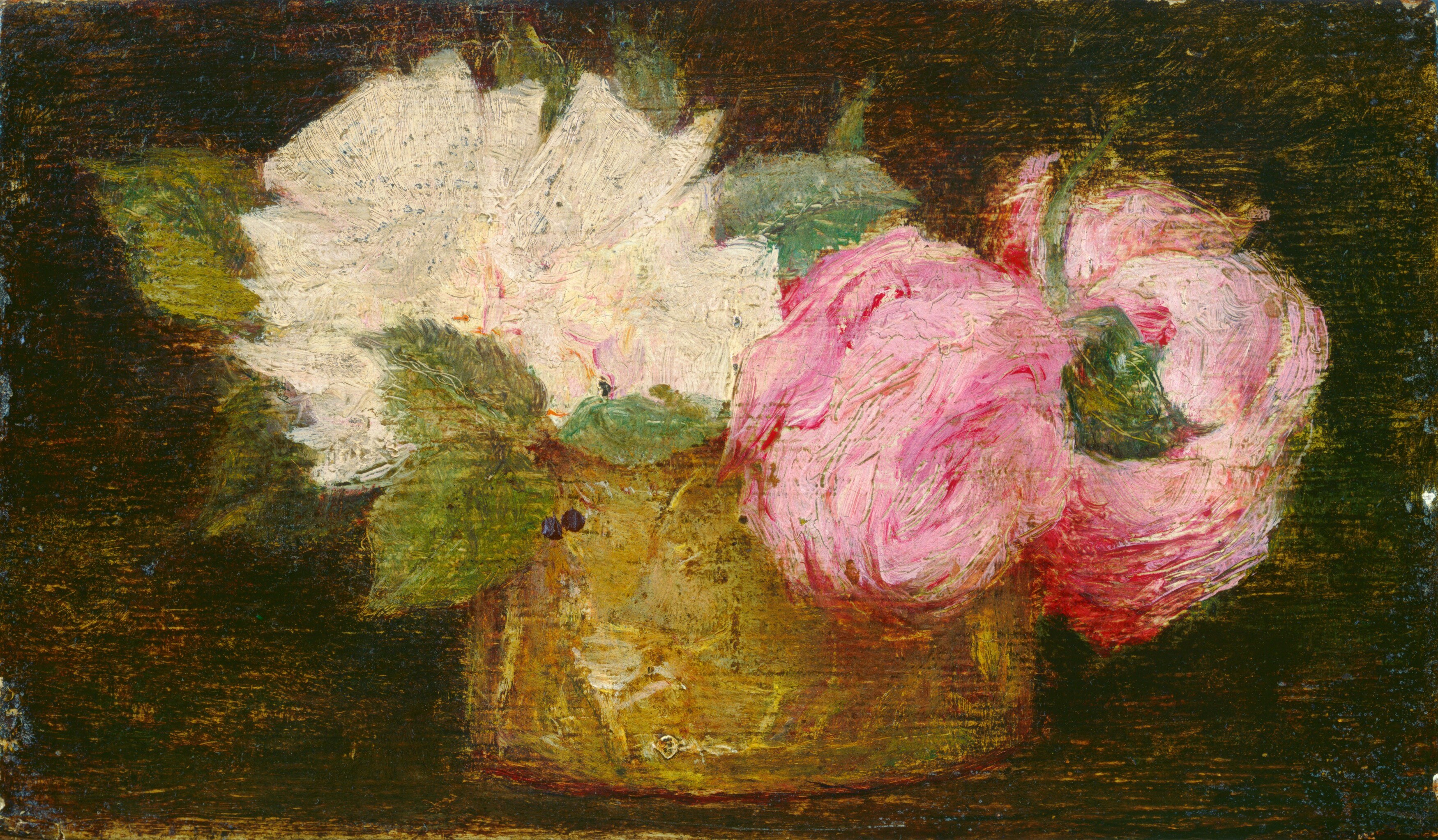 The deep, textured background makes the vibrant colors of the roses and vase pop, creating a dramatic contrast.