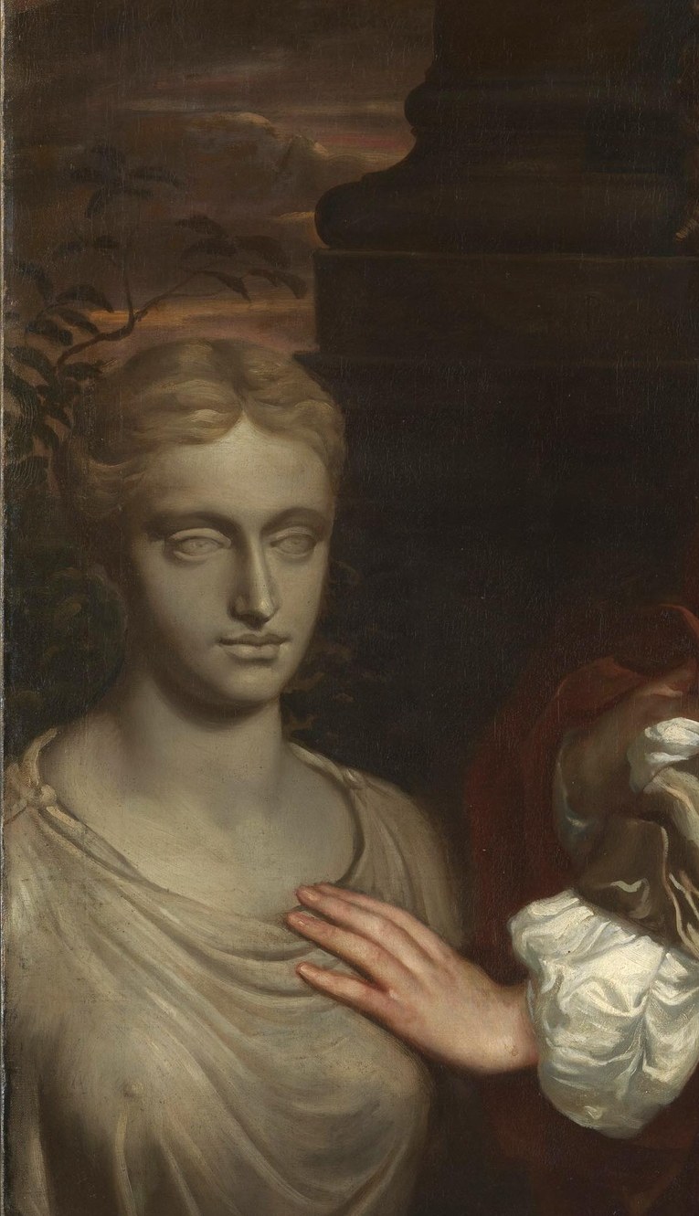 An unusual compositional element , the pale, idealized stone face in contrast with the living sitter raises questions about allegory, perhaps personifying fame, virtue, or a deceased loved one.
