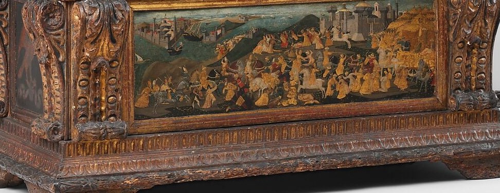 Central historical document , a panoramic battle pageant with labeled city names, making it one of the earliest Italian paintings to depict a specific contemporary geopolitical event in real time.