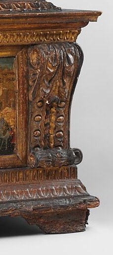 Mirrors the left pilaster; both survive from the original chest, while the painted panel was inserted from a different chest , the 2008 technical examination revealed this structural mismatch.