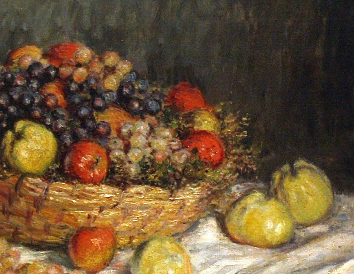 The structural anchor of the composition; the interlaced wicker texture is built from distinct parallel brushstrokes and rewards close inspection of Monet's shorthand for material surface.