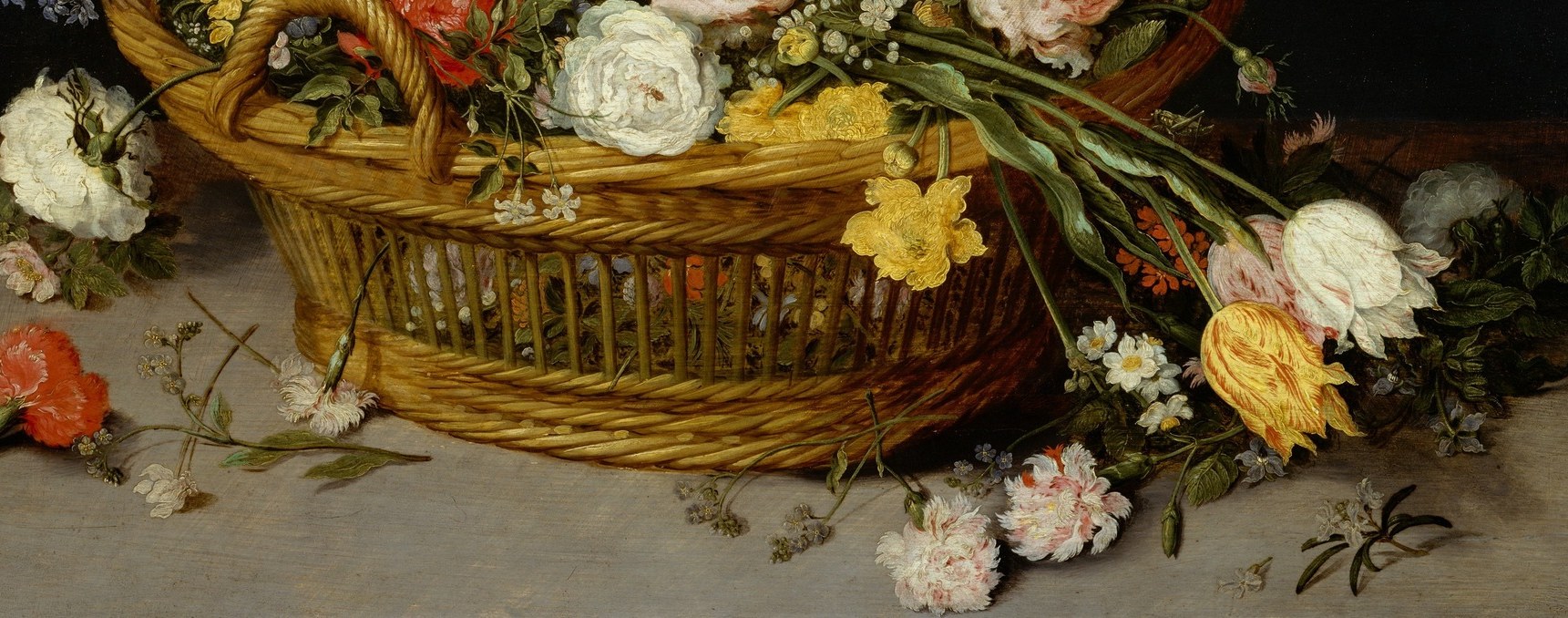 The interlaced reed weave is rendered with near-obsessive detail; every horizontal and diagonal strand is individually painted, showing Brueghel's pride in craft alongside the flowers.