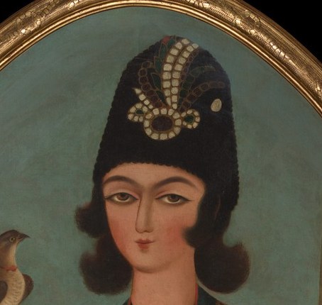 Qajar court portraiture hallmarks: arched brows meeting above the nose, large dark eyes, faint moustache , a stylized ideal of male beauty rather than a true likeness.