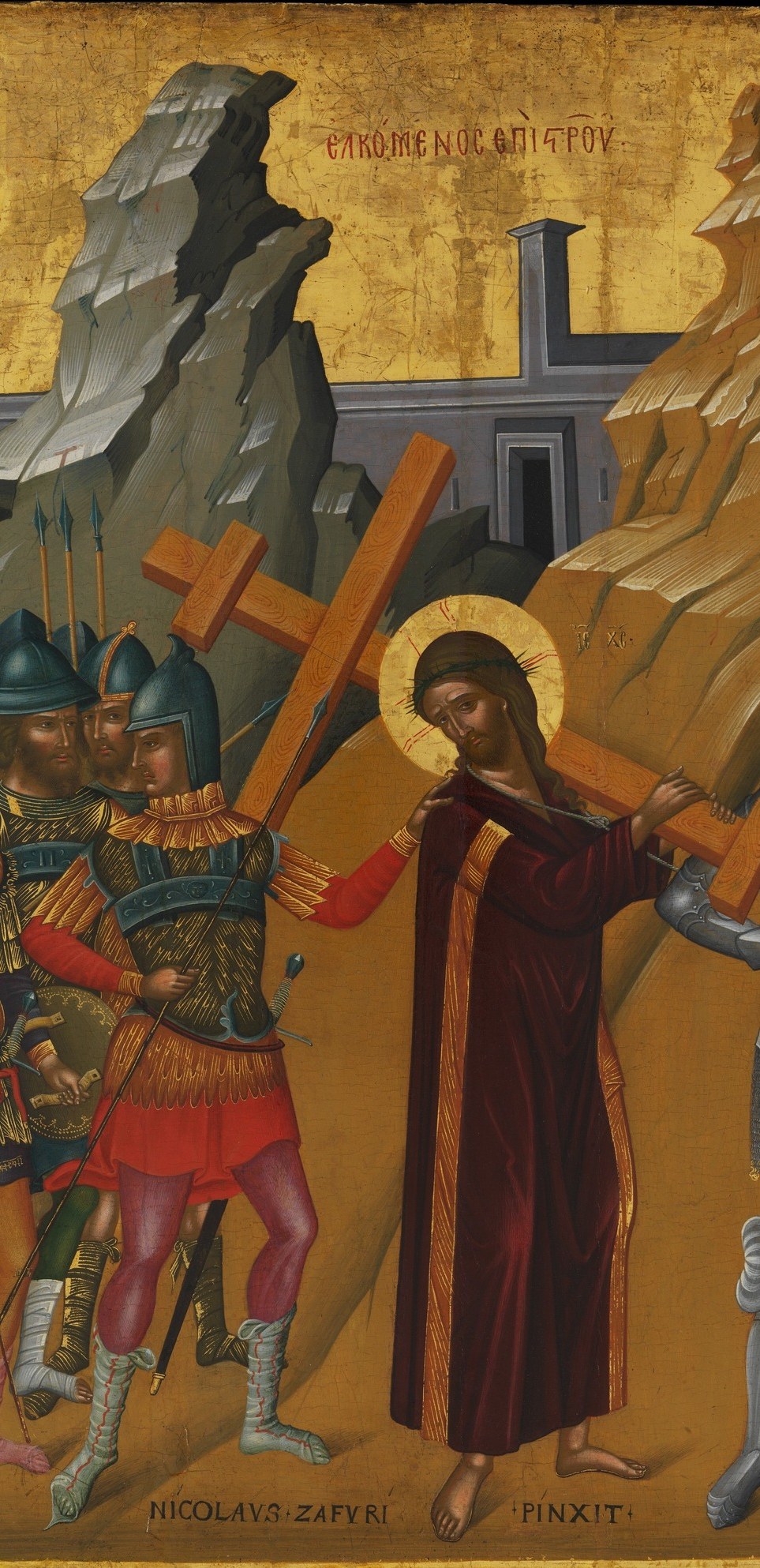 Look at the cross. The wood grain alone is a feat of tempera.