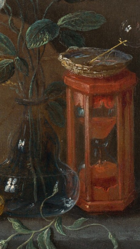 The warm translucent vessel may hold medicinal or alchemical contents; its inclusion among mortality symbols hints at futile human attempts to preserve or prolong life