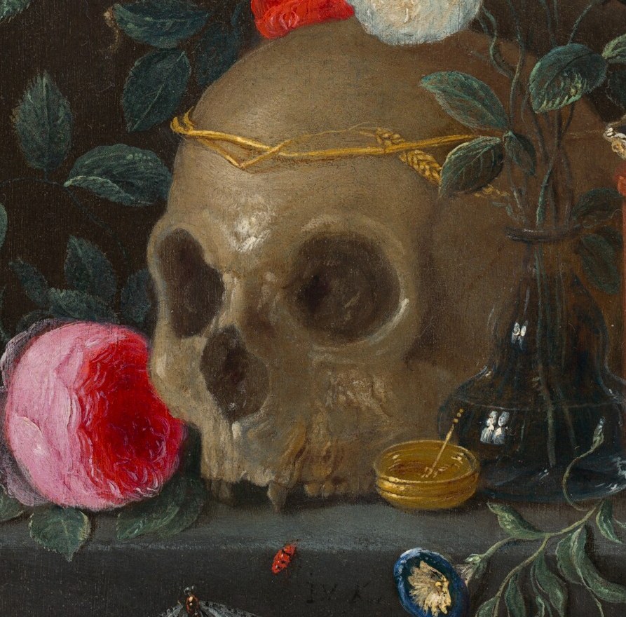 The vanitas anchor , hollow eye sockets stare outward, confronting the viewer with mortality; its ivory-yellow surface shows microscopic bone texture enabled by the copper support