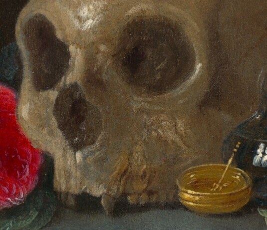 The exposed teeth and nasal void render the skull almost portrait-like; van Kessel models bone with sculptural fidelity on the smooth copper ground