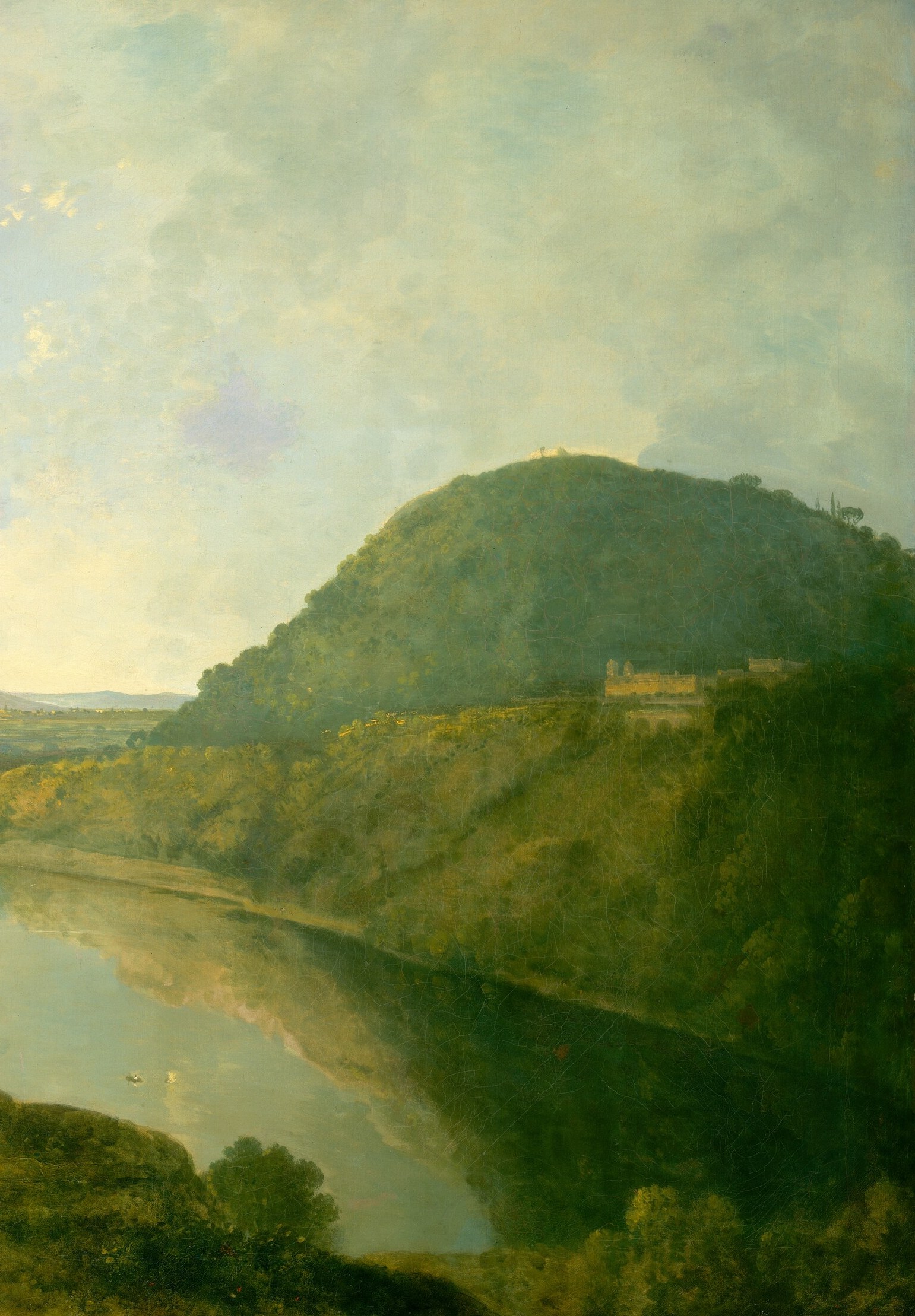 The brooding, near-black silhouette of this crater rim (likely Monte Cavo) creates the painting's dominant tonal drama , Wilson pits it against the luminous sky to generate atmosphere.