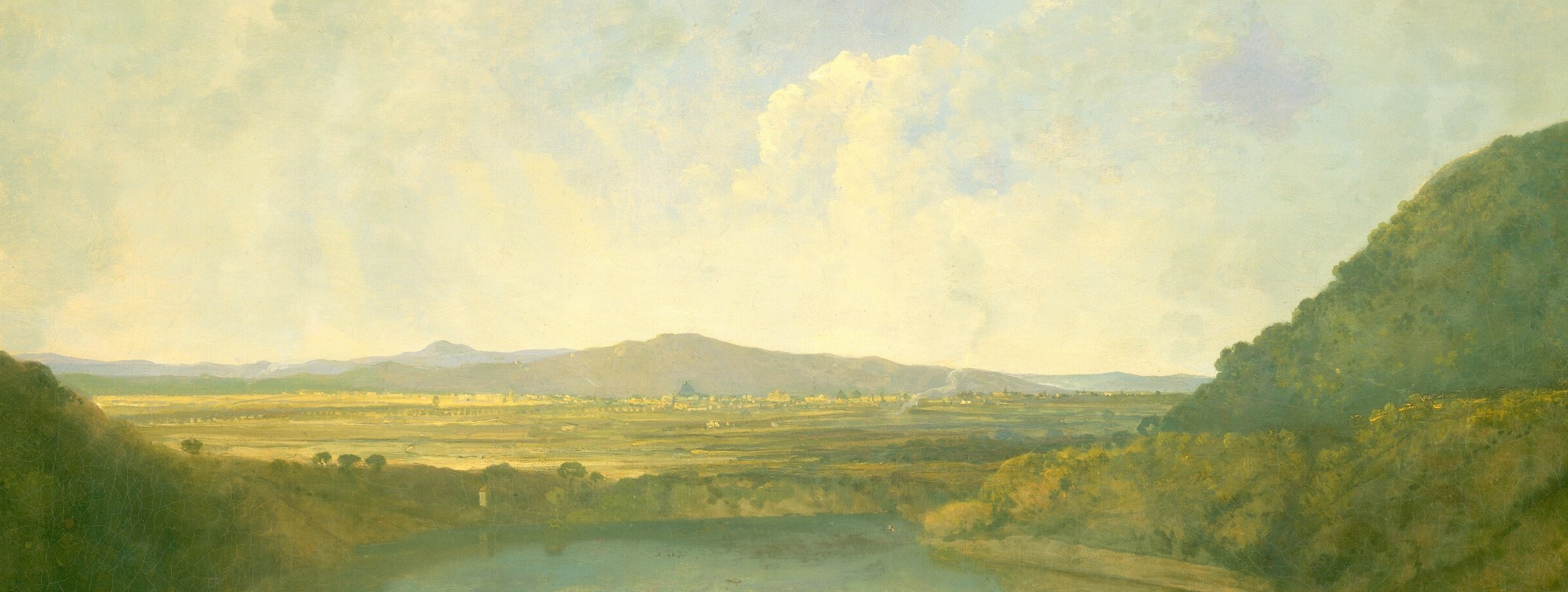 The still water acts as a tonal median between sky and earth, subtly reflecting the cloud light; Wilson uses this zone to demonstrate his Claude Lorrain-influenced handling of serene water.
