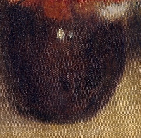 Vibrant colors vibrate against the dark vase.