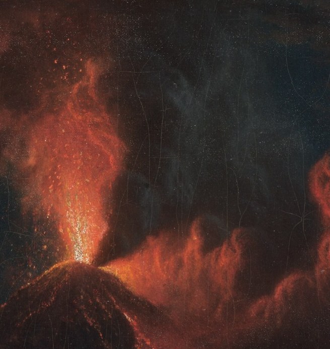 The volcanic vent is the compositional and emotional apex , the concentrated column of fire and ash defines the painting's sublime drama and draws the eye immediately
