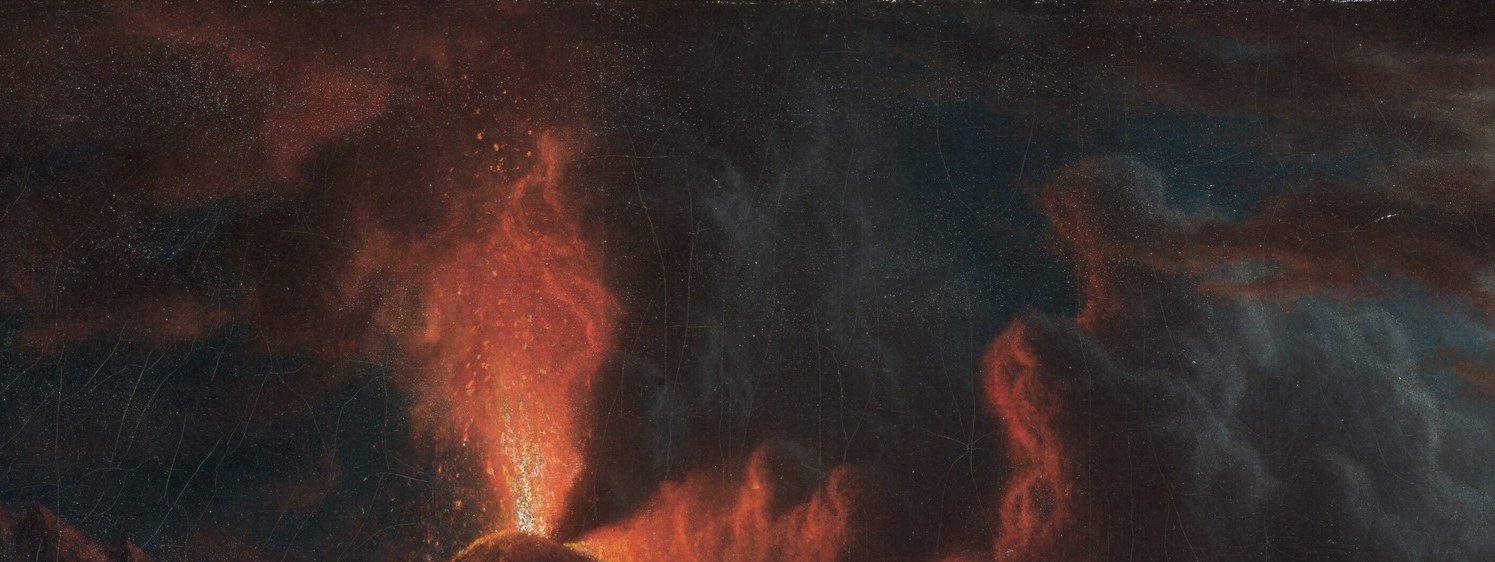 Thick impasto brushwork captures turbulent pyroclastic energy; the cloud radiates heat-light that tints the entire sky, showcasing Bierstadt's Luminist technique in a nocturnal context