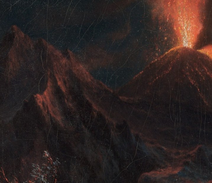 The molten river traces the mountain's slope in vivid orange-red, giving a sense of unstoppable geological force and illuminating the terrain below