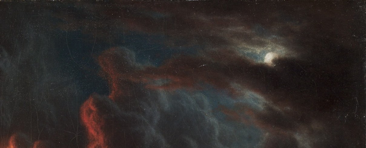 Dense, dark billows sweep toward the moon, adding directional motion and atmospheric depth; the gradation from orange near the vent to near-black at the margins shows tonal control