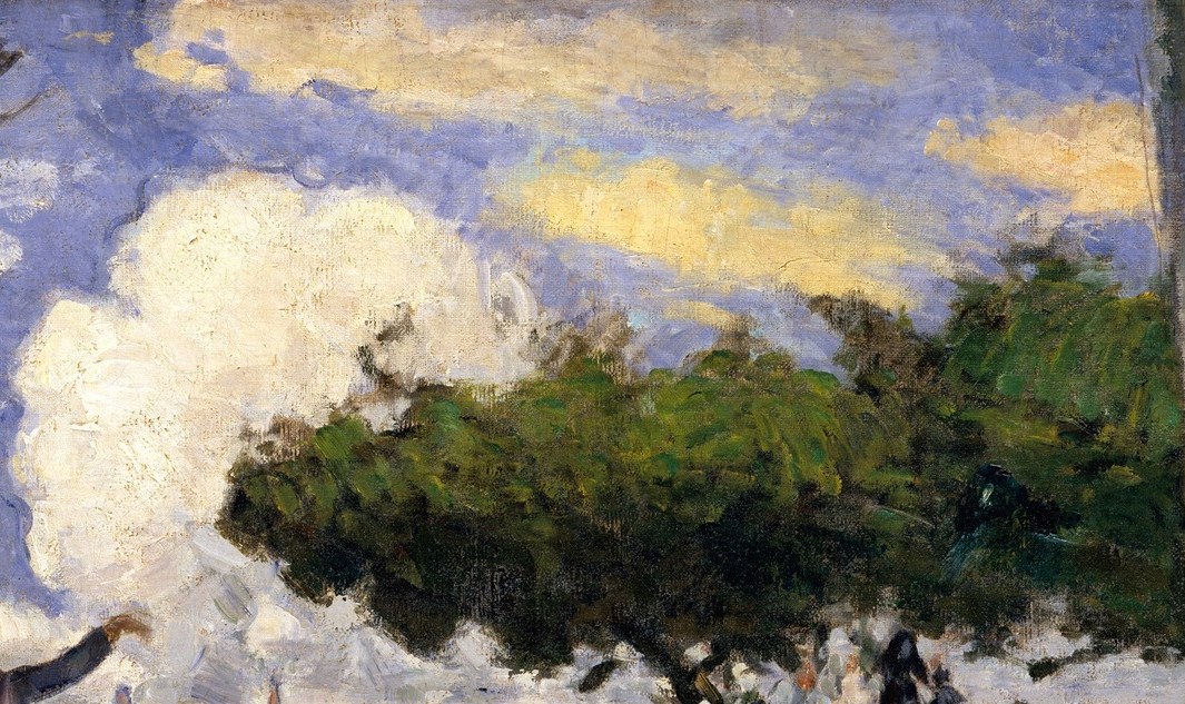 Cézanne builds monumental cloud volume with loose, stacked strokes , the most technically assertive passage in the painting, bridging Impressionist freshness and structured form.