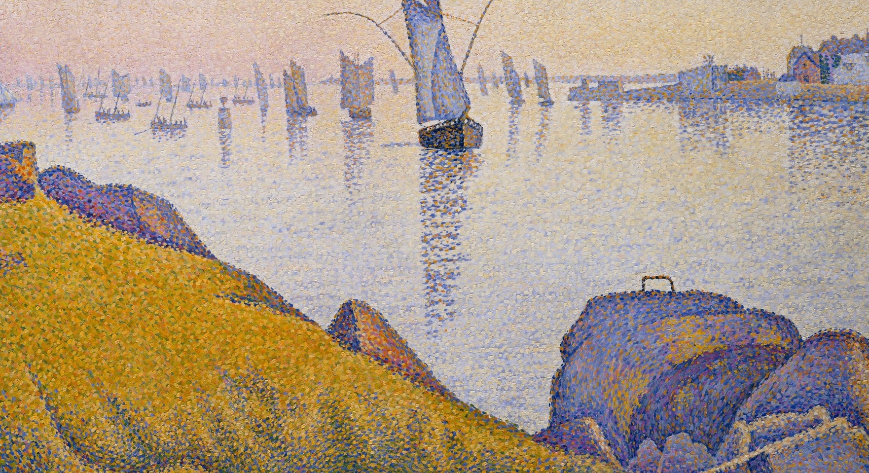 The vast calm expanse is the visual embodiment of the title's 'evening calm' , rendered in the same pink and violet palette as the sky above to suggest perfect stillness.