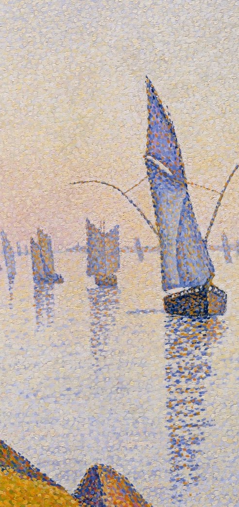 The composition's dominant vertical anchor , its tall mast and angled boom cut across the soft horizontal bands of sky and water, giving the serene scene its one moment of decisive geometry.
