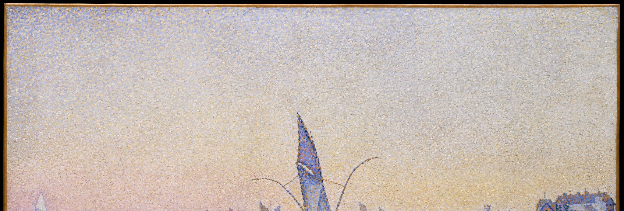 A wordless temperature gradient from warm yellow at the horizon to cooler pink higher up , built entirely from discrete unmixed dots that read as atmospheric dissolution only from a distance.