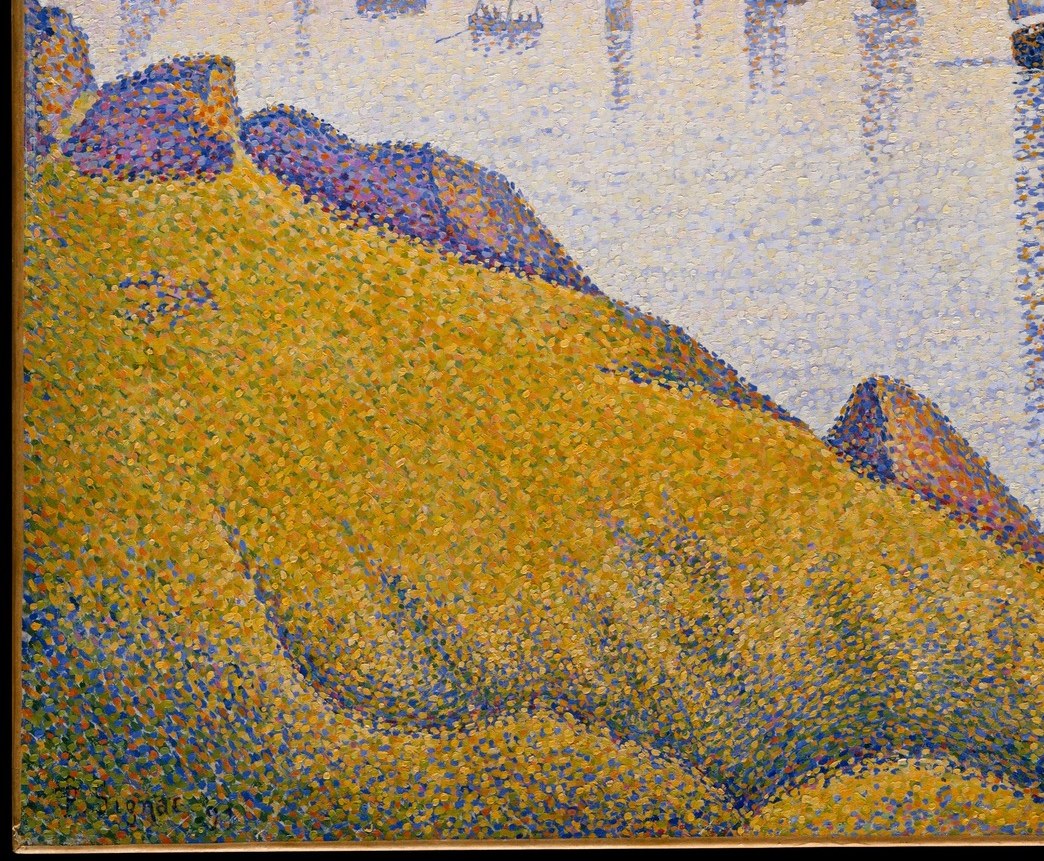 The painting's most saturated texture zone , warm ochre, gold, and olive dots alongside violet shadow strokes offer the clearest close-up demonstration of Signac's pointillist touch at maximum density.
