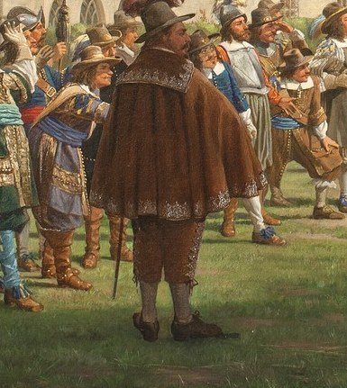 His commanding presence and rich attire suggest he is a figure of importance, possibly Admiral Opdam himself.