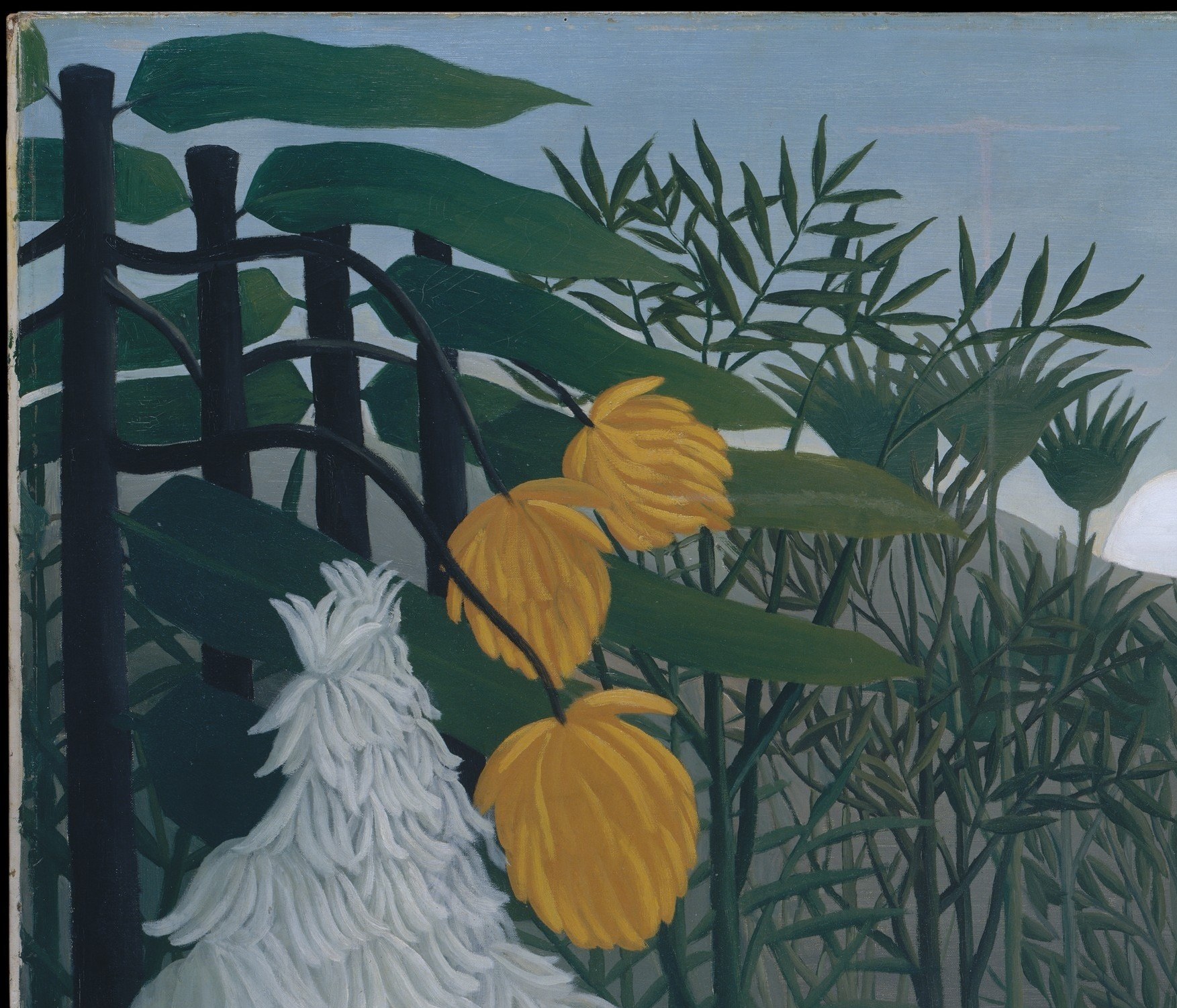 Rousseau's signature foliage: each leaf is outlined individually, making the jungle feel like an illustrated children's book rather than a natural space