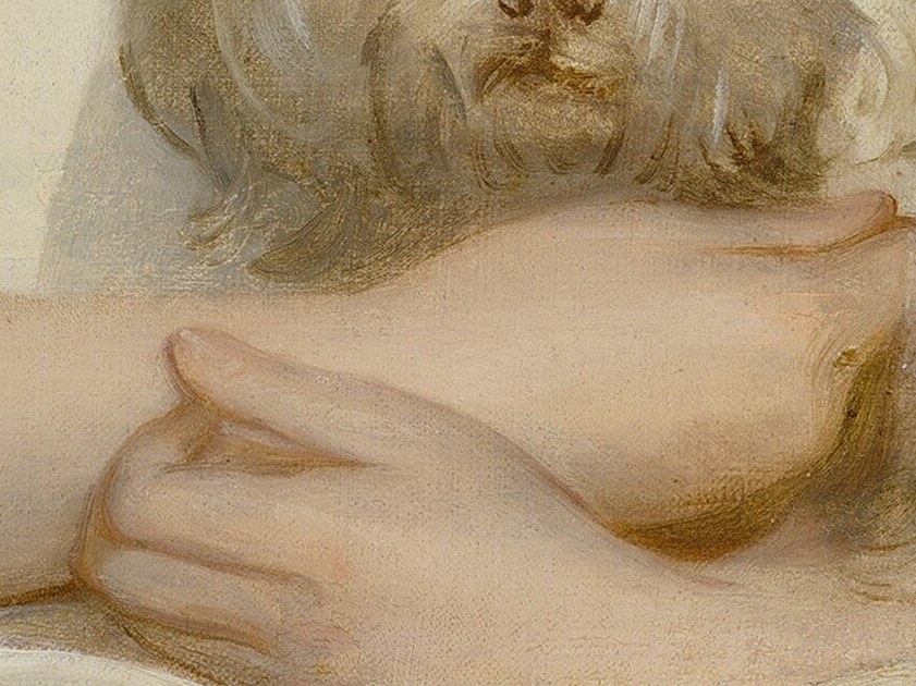 Her hands show tenderness, the dog, companionship.