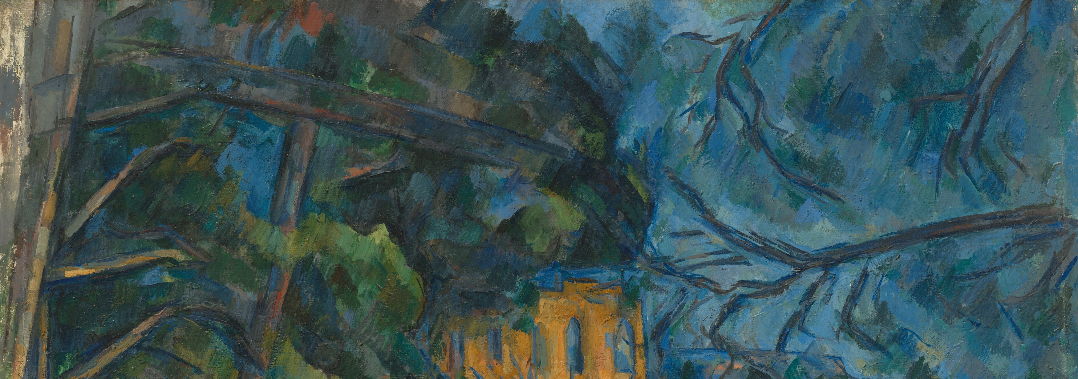 Cézanne builds this mass with short diagonal constructive brushmarks laid in consistent directions , volume through color sequence, not outline , the technique that pointed toward Cubism