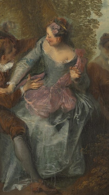 Her averted gaze and slightly recoiling posture suggest a complex emotional response to the man's advances.