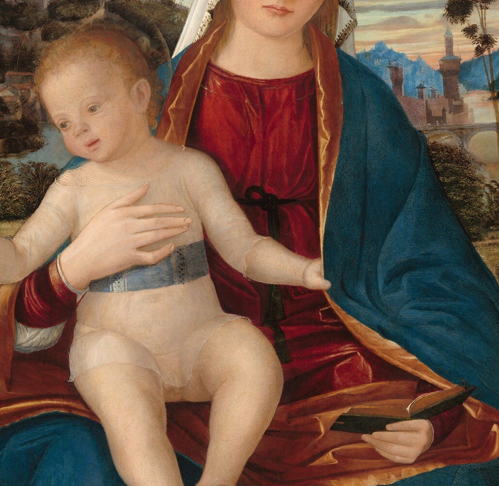 The plump, twisting infant body is the compositional heart; the contrapposto pose gives the panel unexpected dynamism for a devotional work.