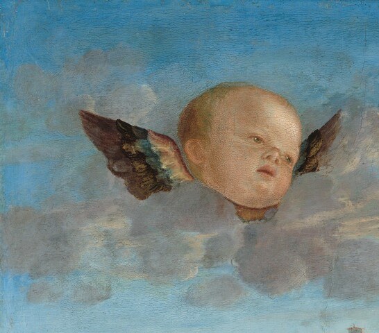 One of two disembodied seraphic heads that compress celestial space into a purely heavenly register above the earthly parapet below.