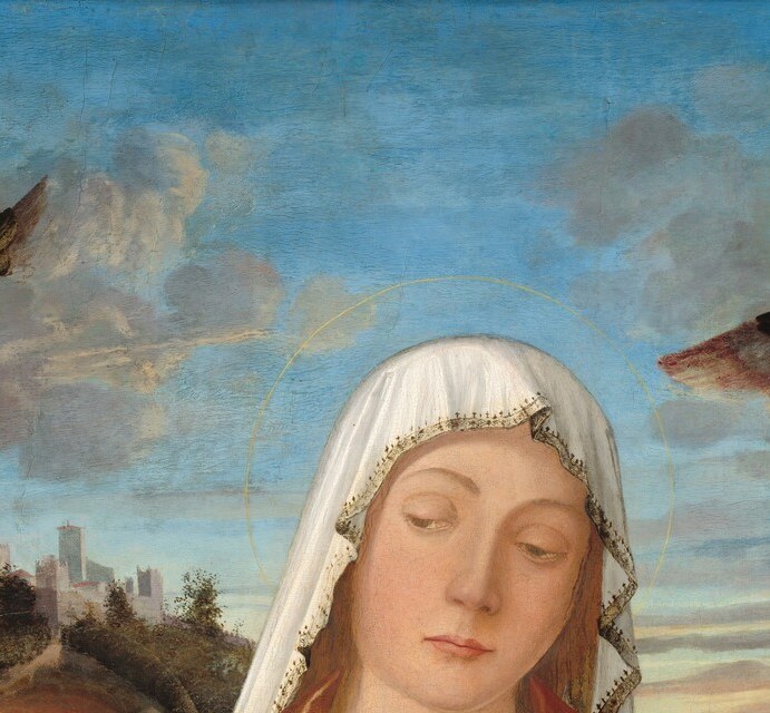 Carpaccio renders a calm, downward gaze that anchors devotional warmth; the crisp veil edge against the sky shows precise Venetian draftsmanship.