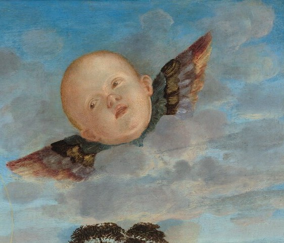 Paired symmetrically with the left putto; together they frame Mary's face and signal the scene's sacred, non-narrative status.