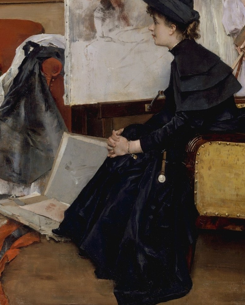 The black of her dress is almost a silhouette, but look closely.