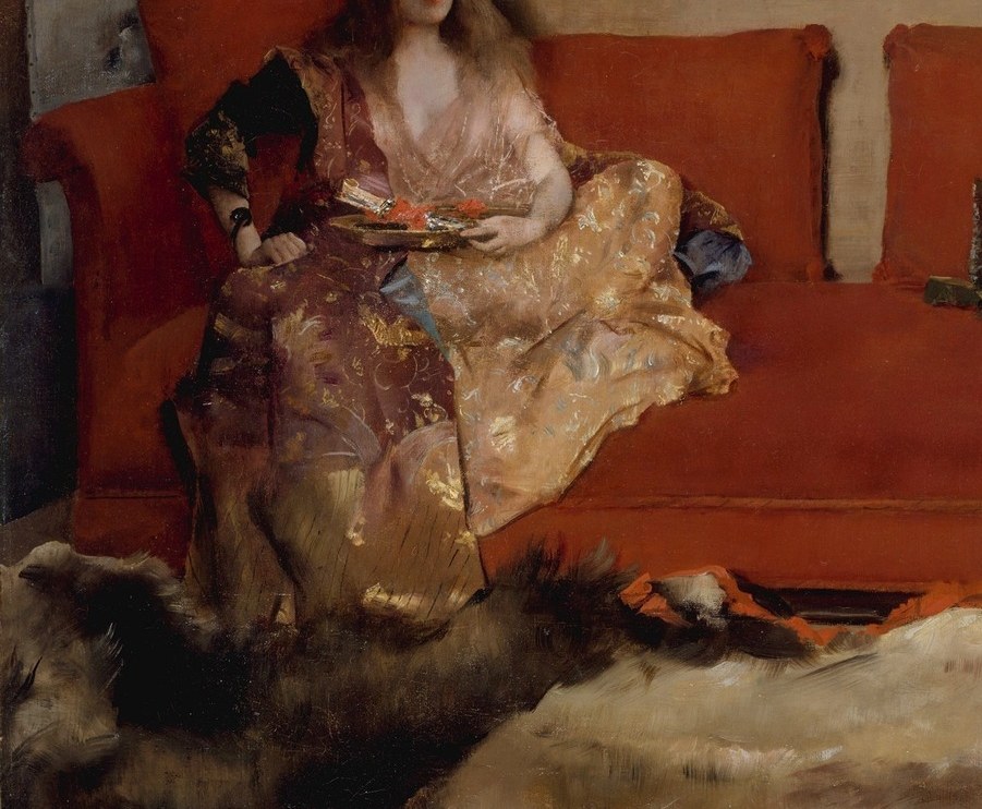A warm shadow under the sofa is pure thinned umber, see the weave of the canvas through it.