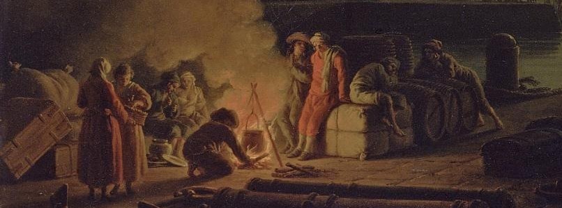 This group provides a sense of human presence and activity, with the fire offering a warm contrast to the cool moonlight.