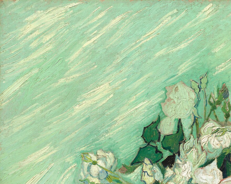 Van Gogh's signature woven-stroke background is most readable here , the strokes run in two intersecting directions creating a textile-like hatch that vibrates optically against the white flowers.