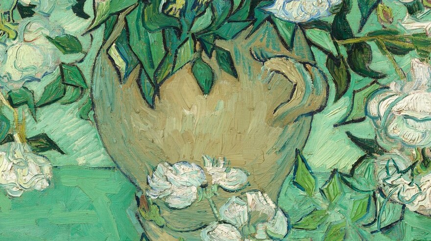 The humble, undecorated vessel is a deliberate counterpoint to the extravagance above , its warm ochre stroke-work sits quietly and grounds the composition.