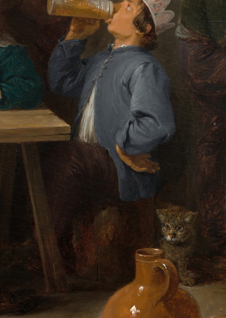 His intense focus on drinking and the overflowing mug suggest a deep immersion in the celebration's pleasures.