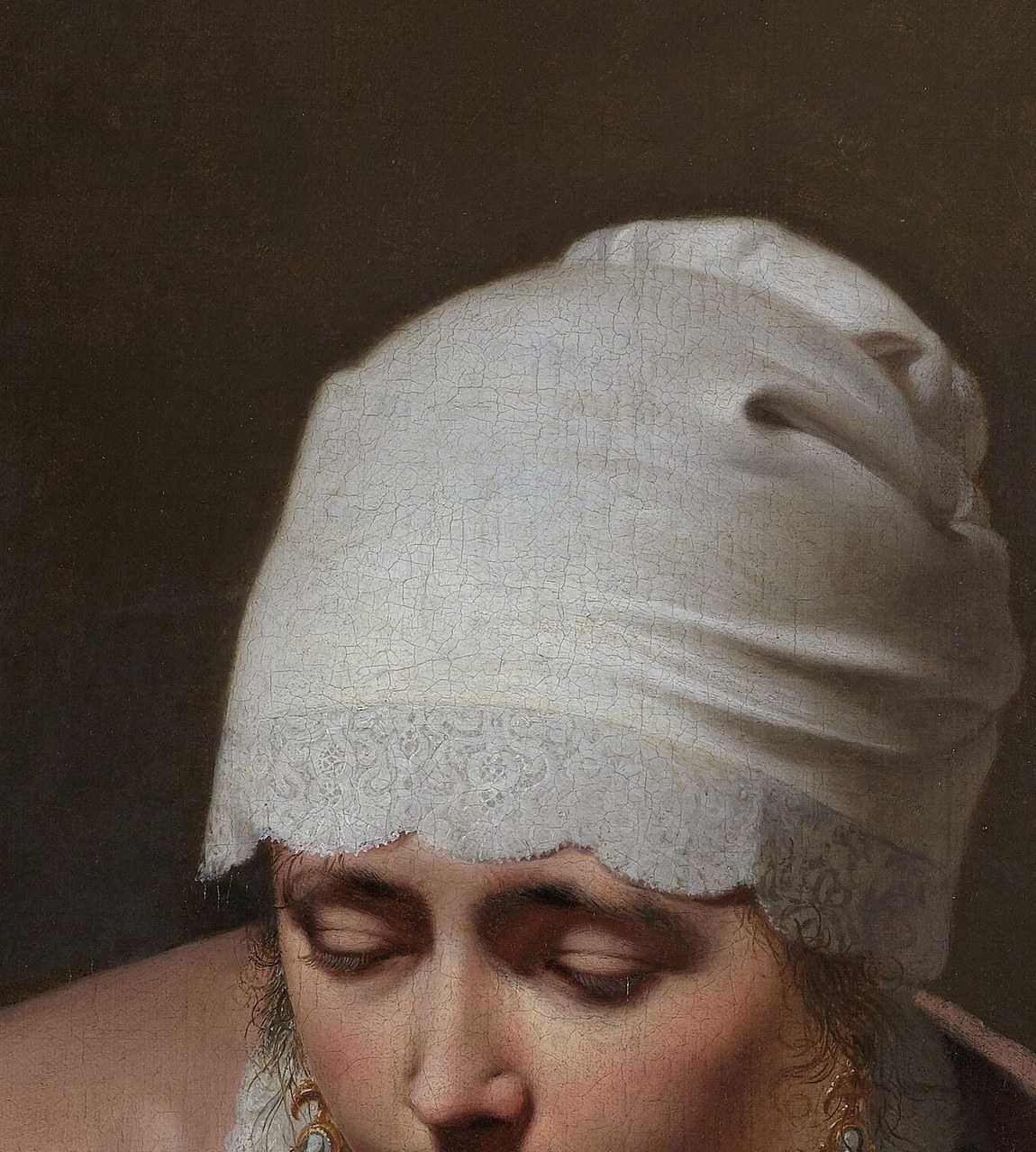 The simple bonnet, common for the era, frames her face and adds to the depiction of a modest, everyday figure.