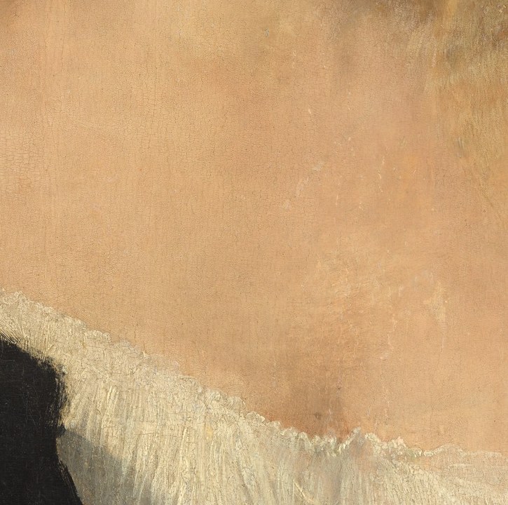 The delicate rendering of her skin and the low neckline suggest a subtle sensuality.