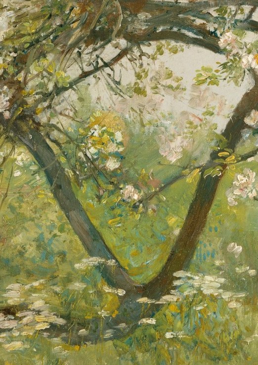 Its V-shape creates a strong, almost architectural structure in the center of the composition, grounding the ephemeral blossoms.