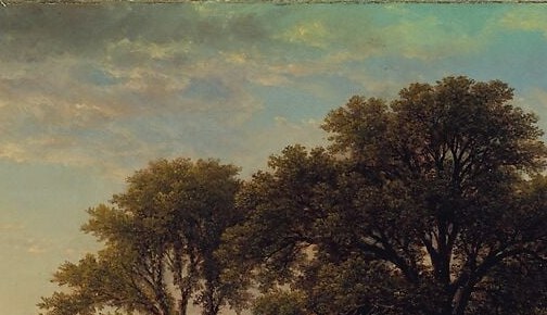 The atmospheric light source burning through the canopy is the emotional heart of the painting , Durand's engraver precision shows in the subtle gradations from white to pale gold to blue.