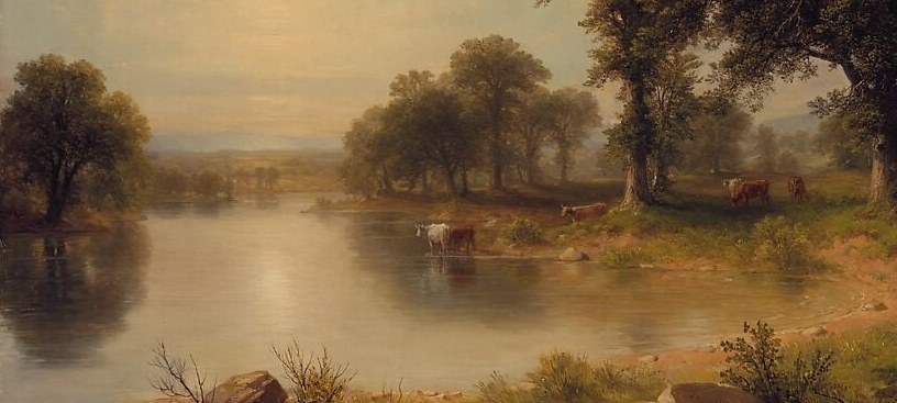 The mirrored water doubles the luminous sky and treeline; subtle ripples near the cattle disturb the reflection, showing Durand's close observation of nature's transient moments.