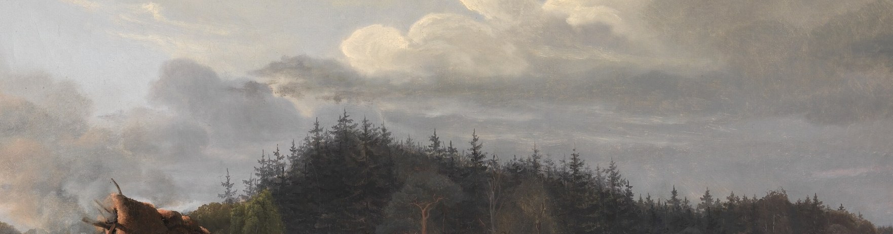 The brooding, shadowed forest ridge creates a theatrical backdrop that elevates this working landscape into something more sublime and Romantic in character.