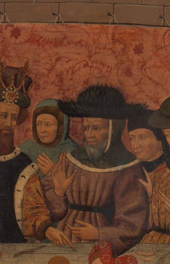 The crowned authority whose gaze determines Salome's fate and John's death; his frontal crown and robes signal royal complicity.