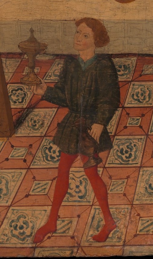 A marginal witness figure who grounds the viewer's perspective at floor level; his small scale against the adults emphasizes the scene's adult moral weight.