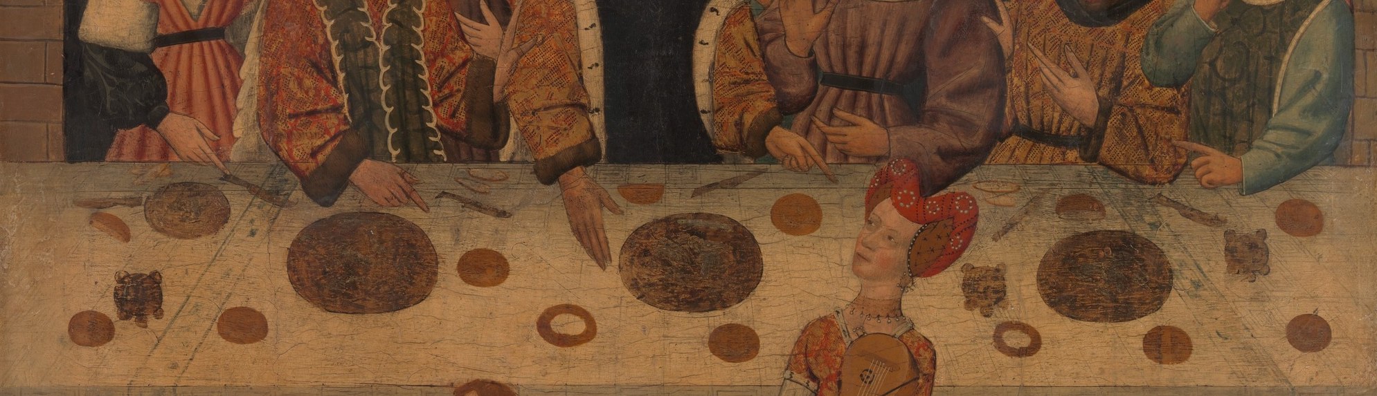 The tablecloth does the same work laterally, pressing the figures into a believable room.